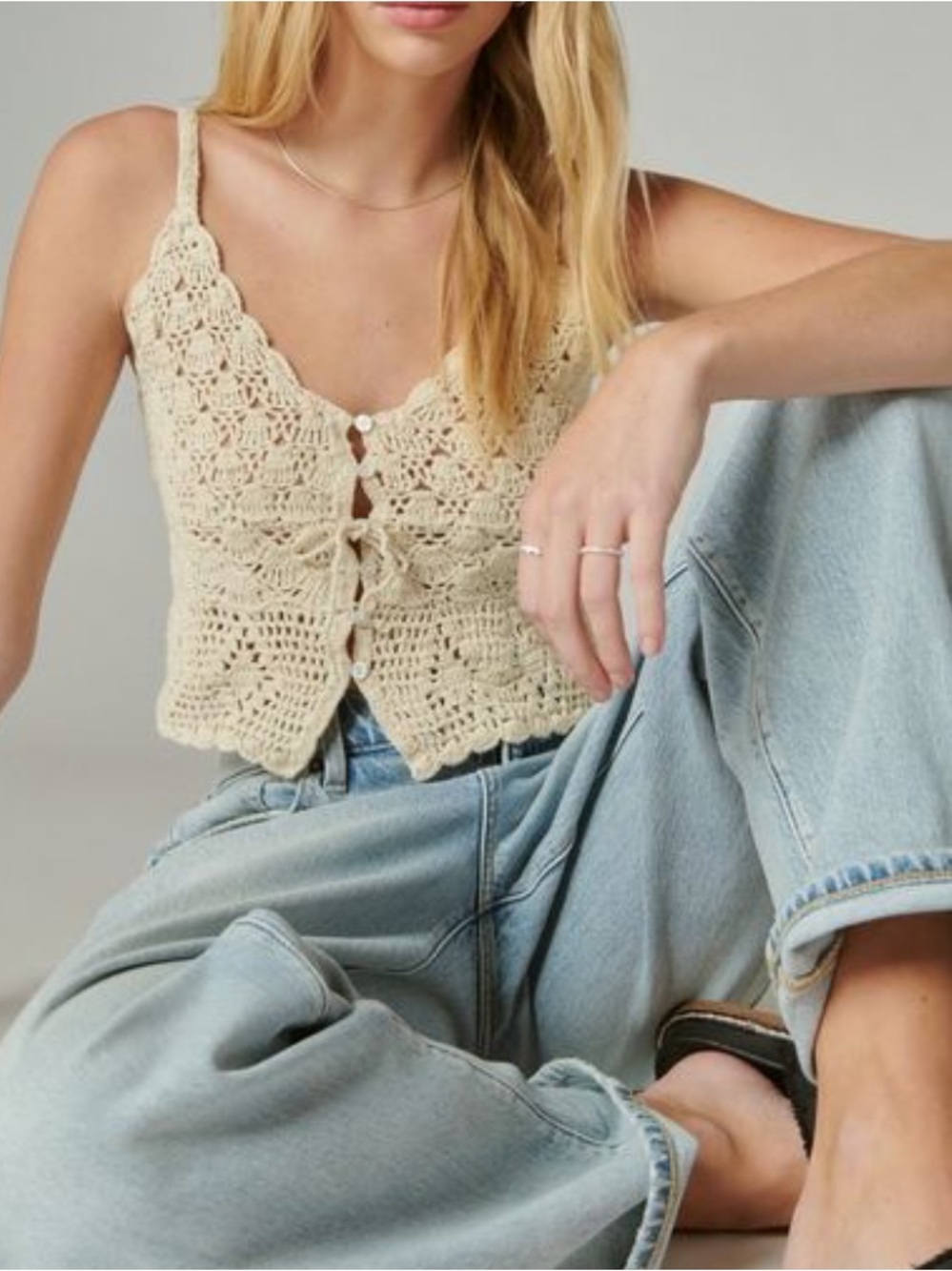 Lucky Brand Cream Crochet Tie-Front Camisole